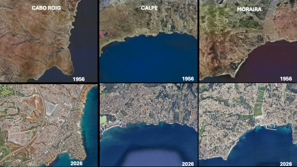 Comparativa de las costas de Alicante en 1956 y en 2026 desde el cielo.