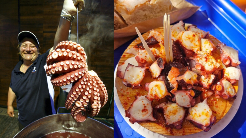 Una pulpeira muestra pulpo de Galicia para degustar en MarisGalicia Alicante