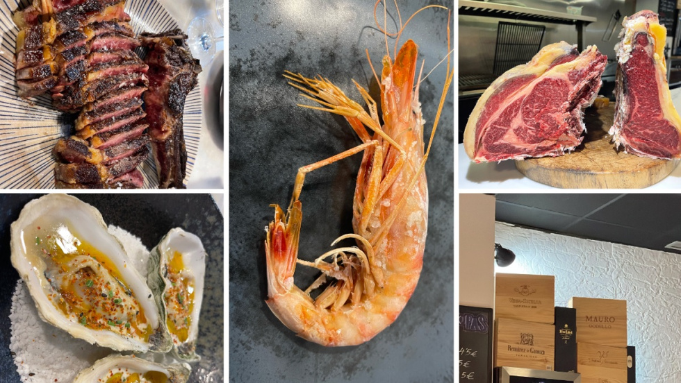 Carne a la brasa, ostra a la plancha, gamba roja y selecci&oacute;n de vinos.