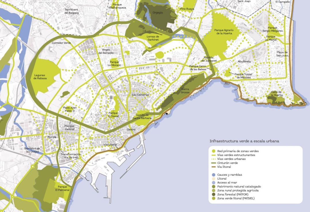 Plano de infraestructura verde y suelo protegido del PGE de Alicante.