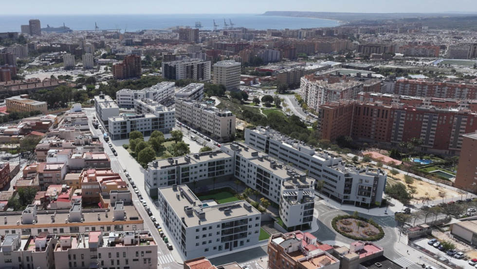 Recreaci&oacute;n a&eacute;rea de la promoci&oacute;n Estela de AEDAS Homes en el barrio de San Agust&iacute;n de Alicante.