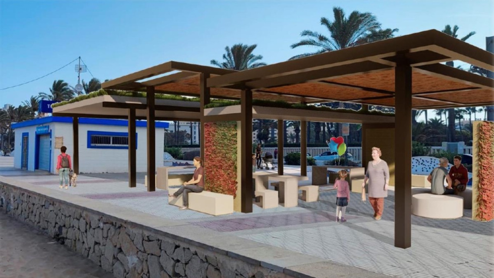 Recreaci&oacute;n de la nueva zona de sombra en la playa de Muchavista de El Campello.
