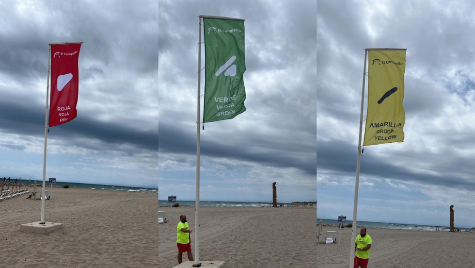 Banderas con s&iacute;mbolos para personas con daltonismo en playas de El Campello.