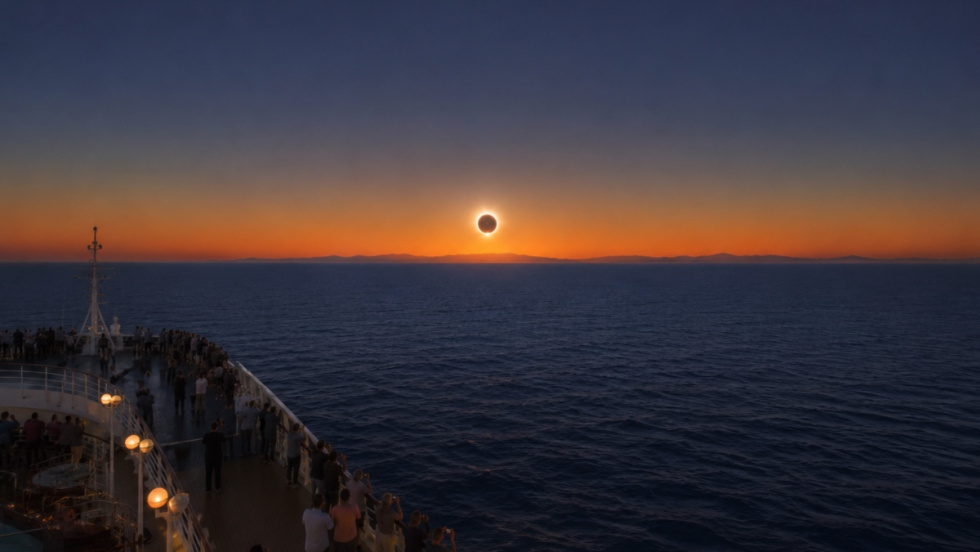 Recreaci&oacute;n del eclipse solar a bordo de un barco.
